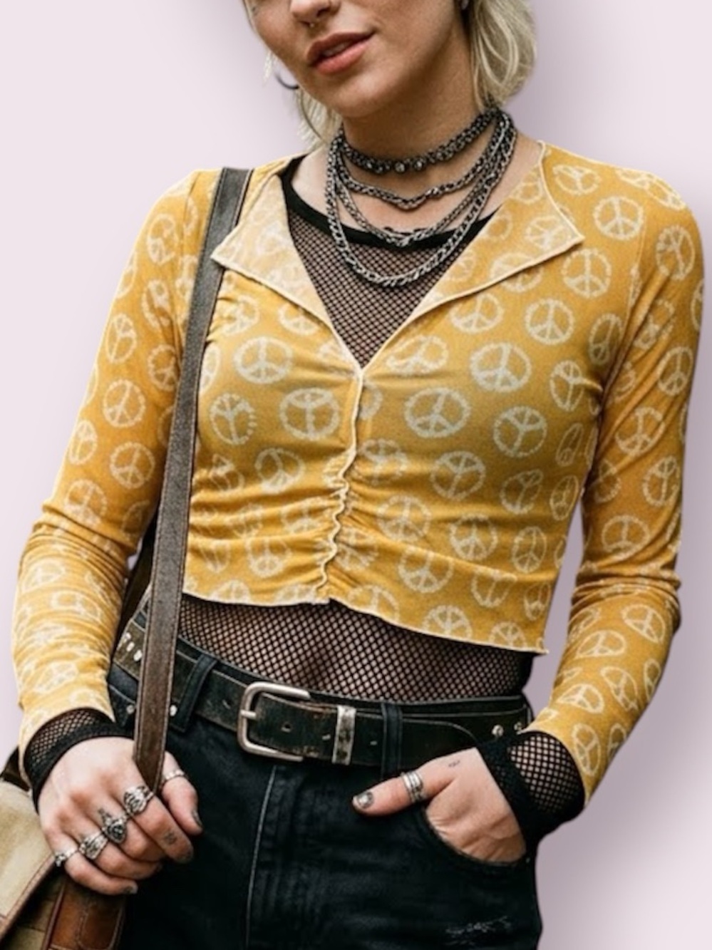 Urban Outfitters Out From Under Peace Print Long Sleeve Sheer Festival Top Small